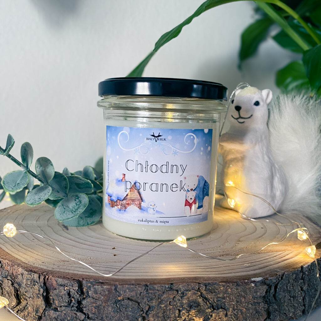 Chłodny Poranek Świeca Sojowa 330ml wyjątkowa ekologiczna świeca zapachowa bio 100% natury naturalny zapach świąteczna świeca dostępna w sklepie rękodzielniczym Biały Kruk