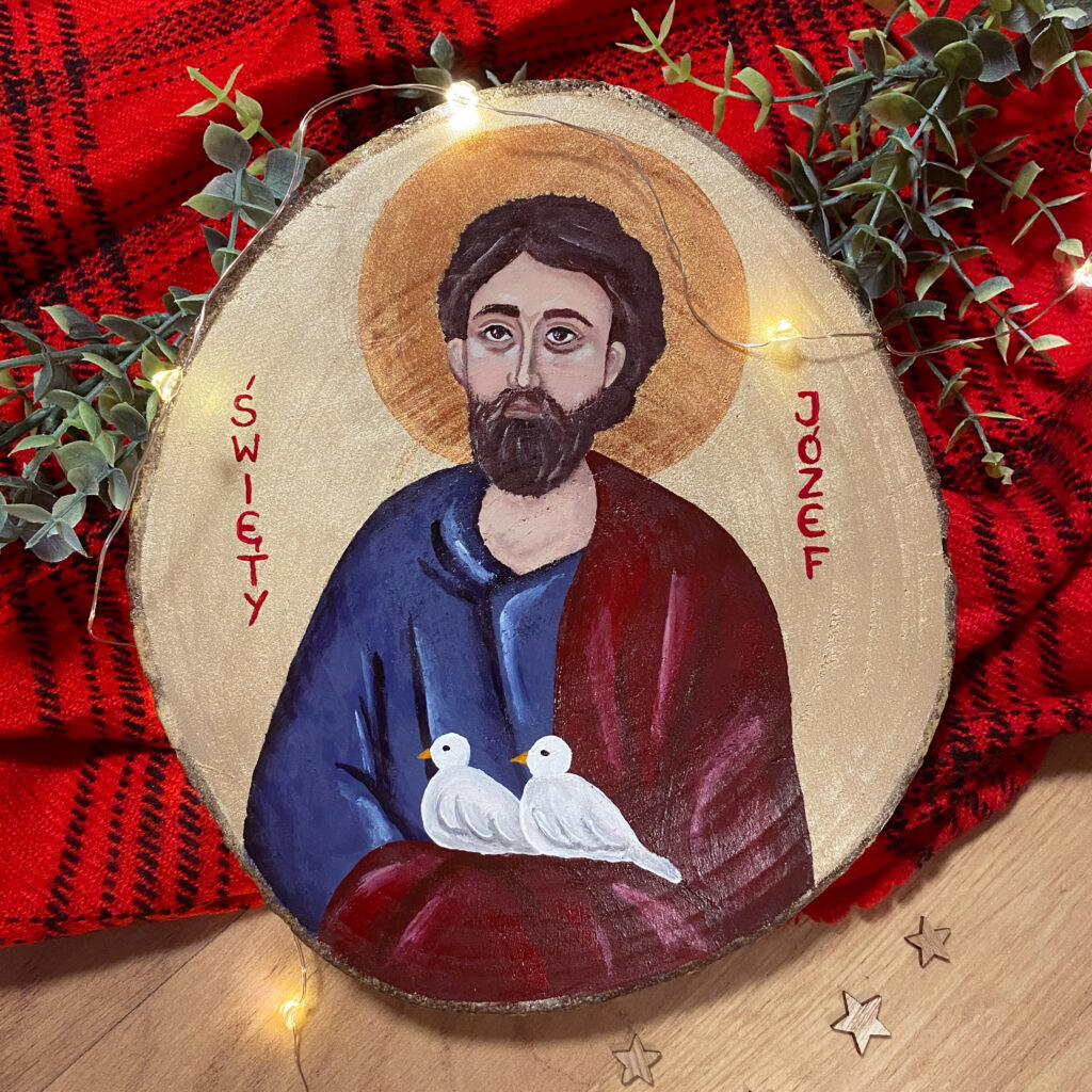 Ikona Św. Józef Obraz na drewnie ręcznie malowana farbami akrylowymi na plastrze drewna naturalne rękodzieło religijne ozdoby sklep rękodzielniczy Biały Kruk