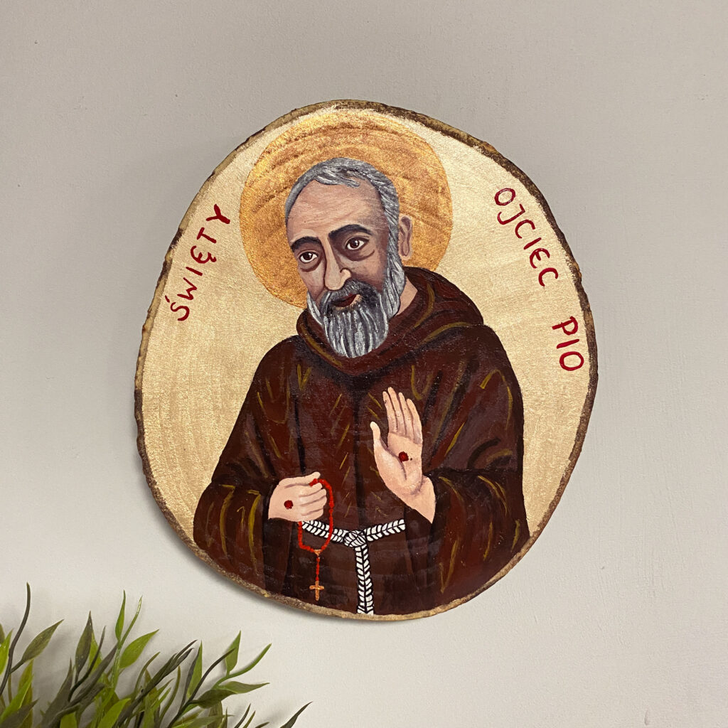 Ikona Ojciec Pio Obraz na drewnie ręcznie malowana farbami akrylowymi na plastrze drewna naturalna ozdoba religijna ręcznie robiona w sklepie rękodzielniczym Biały Kruk