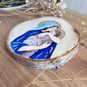 drewniana zawieszka Maryja z Dzieciątkiem Dzieciątko Jezus Matka Boża prezent religijny dekoracja religijna ręcznie malowana ozdoba rękodzieło unikalny egzemplarz malowane farbami akrylowymi naturalne piękno